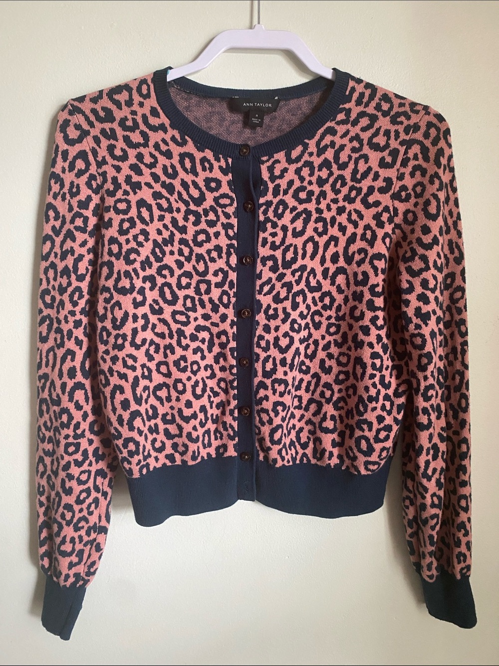 Ann TaylorPink & Dark Teal Animal Print Button-Up Cardigan